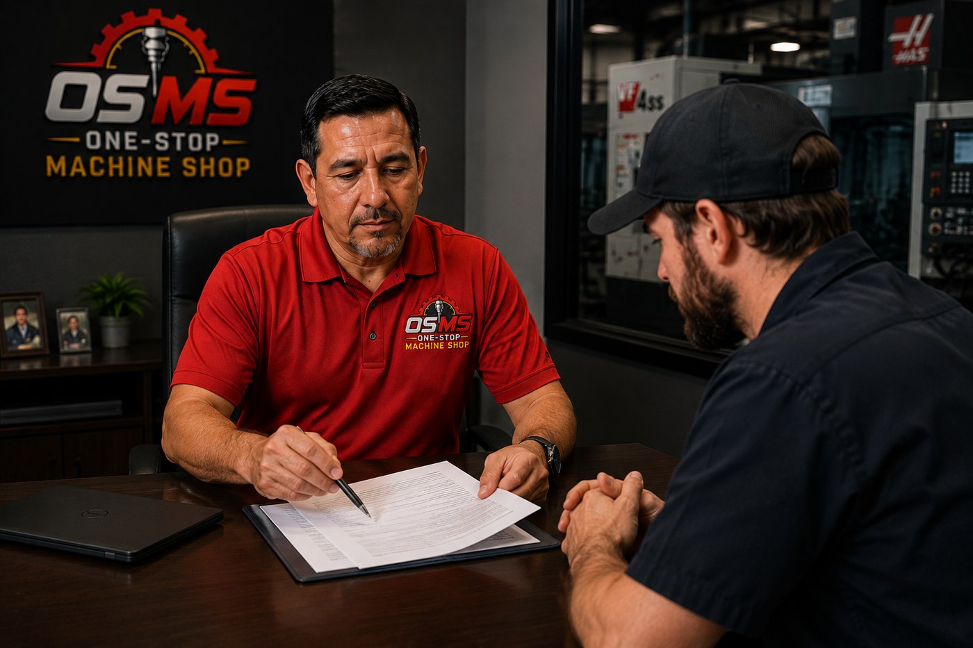 Bill Wilson, founder of One-Stop Machine Shop, reviewing a recruiting agreement