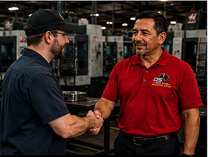 Bill Wilson shaking hands with a placed machinist on the shop floor